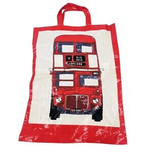 Vintage Harrods Tote Reusable Shopping Bag Red Doible Decker Bus English UK PVC